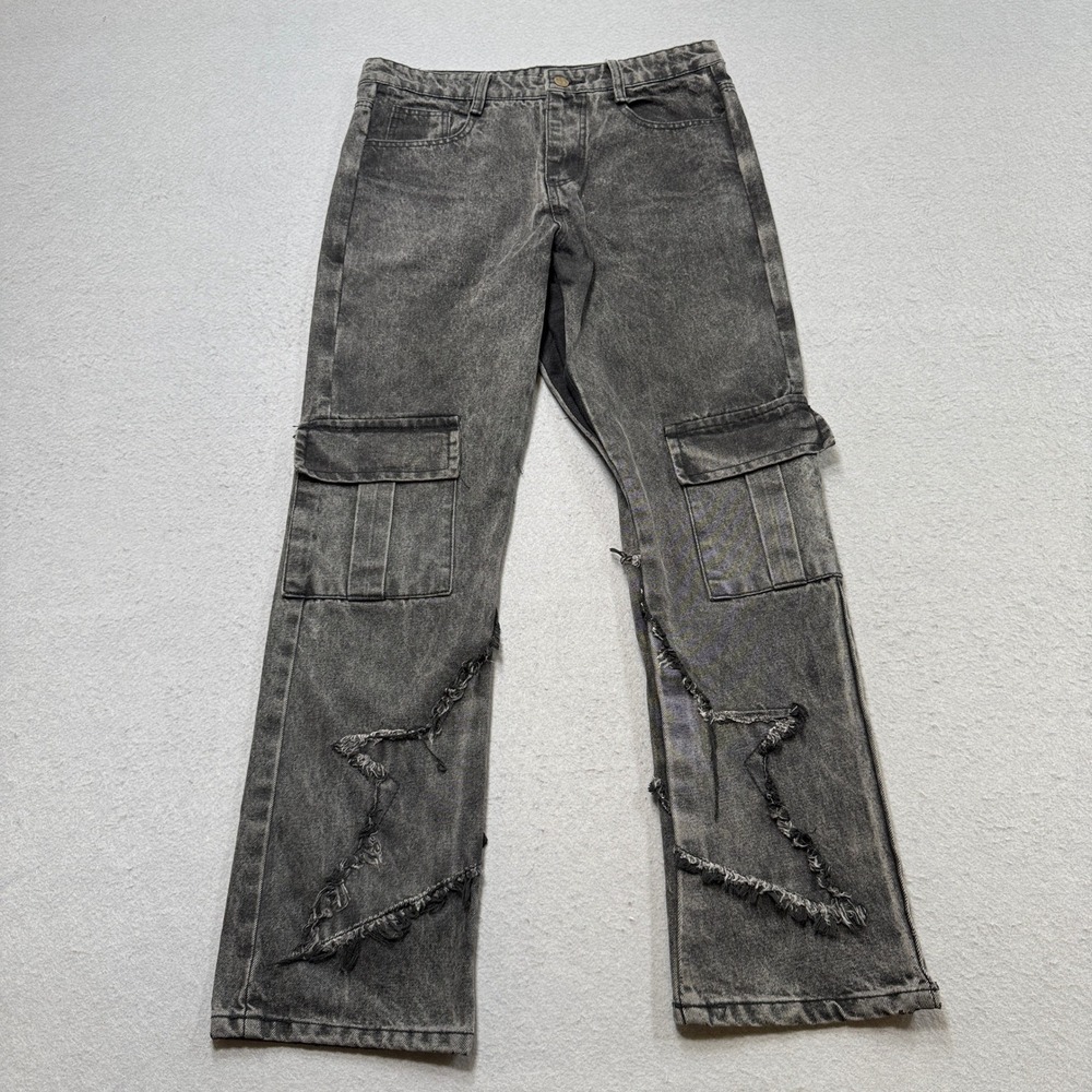 Y2K Design Cargo Jeans Men's 33 Gray Acid Wash Denim Star Patchwork Distressed